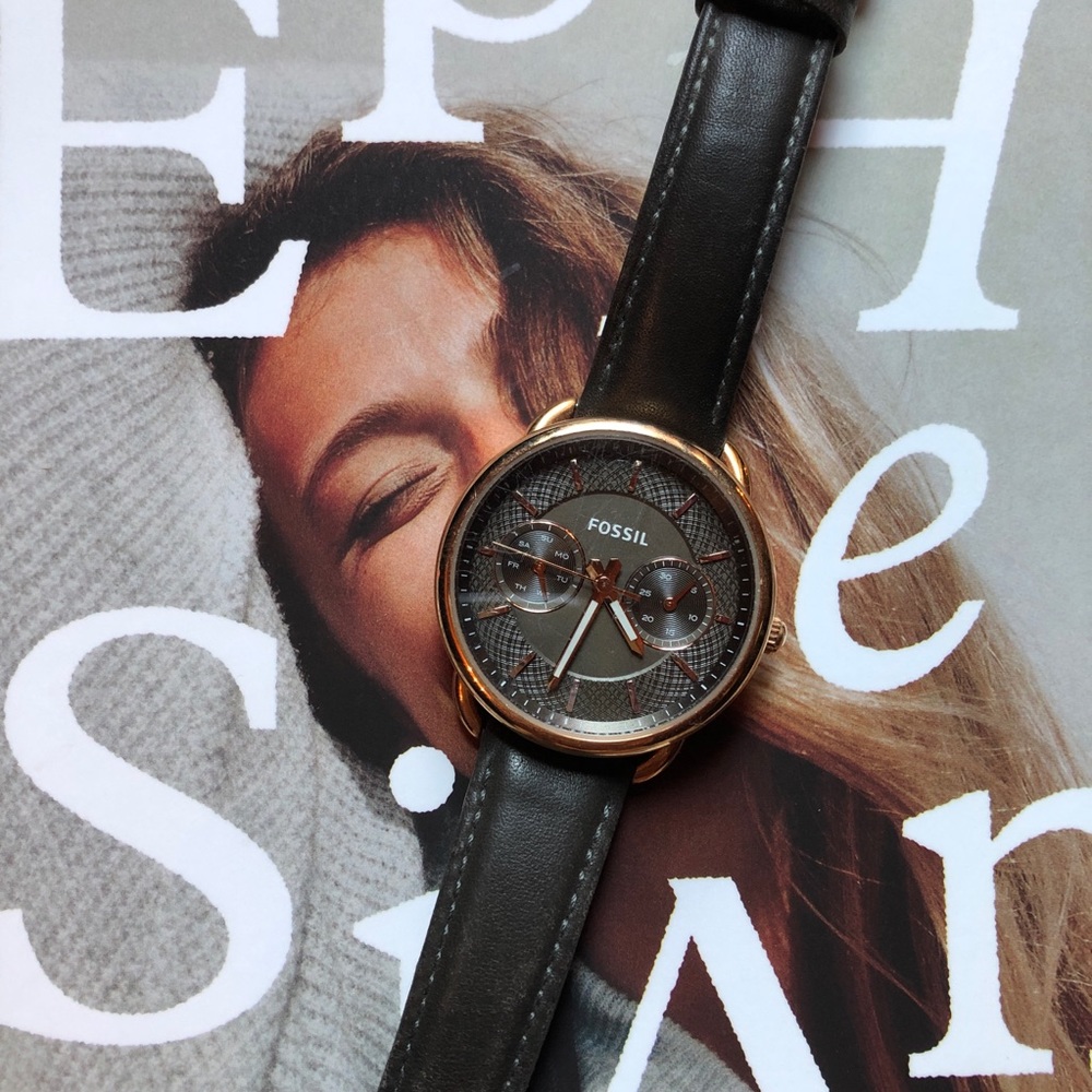 Fossil Gray and Rose Gold Leather Watch